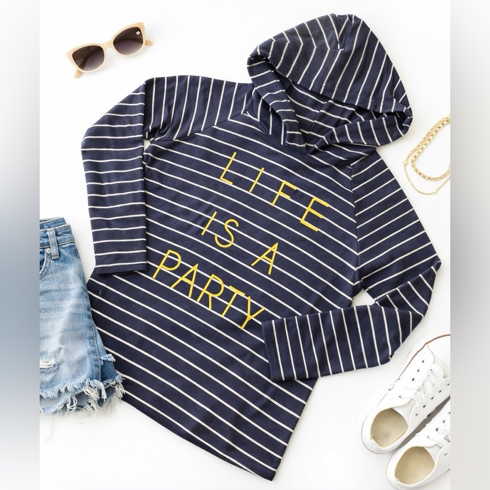 Le Lis Hooded Long Sleeve Tee “Life is a Party” Striped Blue Size S